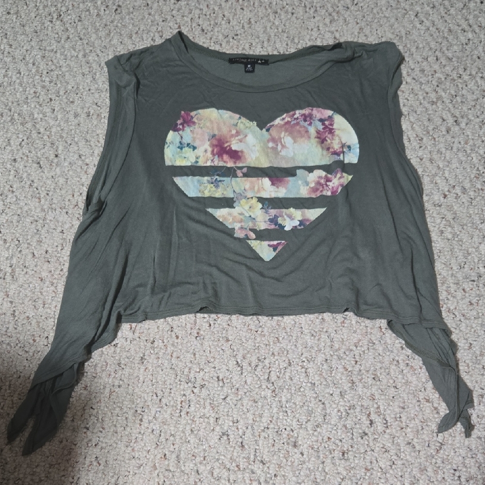 Living Doll Olive Green Floral Heart Muscle Tee